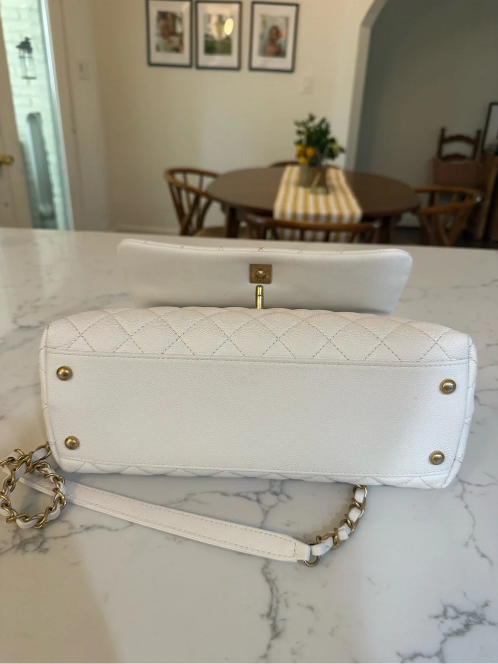 CHANEL White Quilted Top Handle Bag with Pink Handle and Gold Hardware